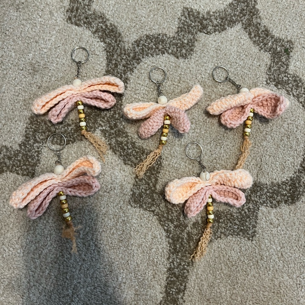 Handmade crocheted dragonfly keychains